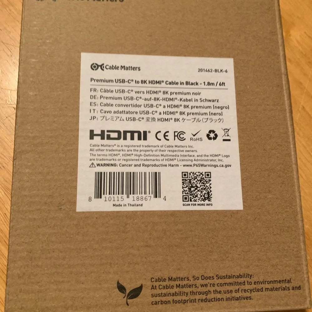 Cable Matters 48Gbps 8K Unidirectional USB C to HDMI 2.1 Cable for macOS